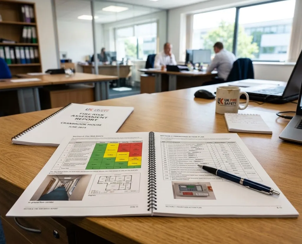 A completed fire risk assessment report open on a desk with photographs and an action plan visible