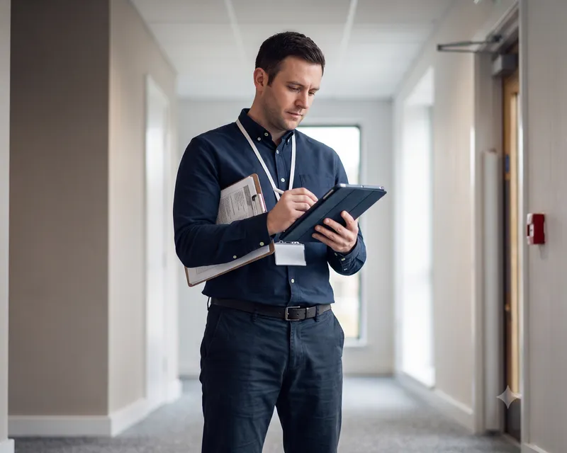 A fire risk assessor documenting findings on a tablet inside a commercial building