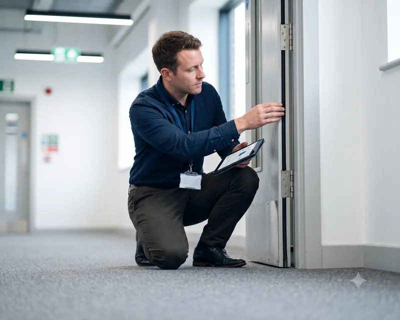 A fire risk assessor inspecting a fire door in a commercial building