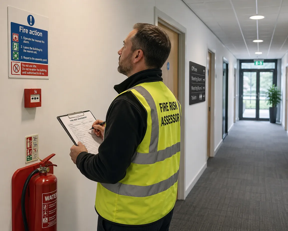 A fire risk assessor inspecting a commercial building corridor
